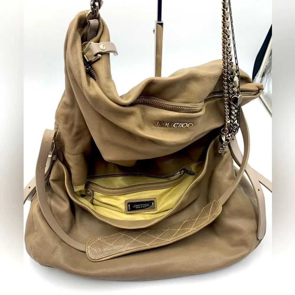Auth Jimmy Choo Taupe Biker Chain Relaxed Hobo Bag. Excellent Preloved Satchel.